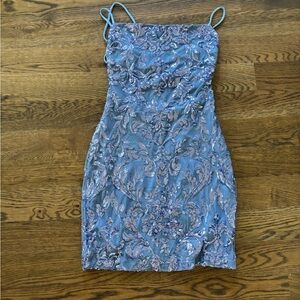 Windsor Women’s Dress Short Sequin Blue Purple Sparkly Tie Open back Size Medium